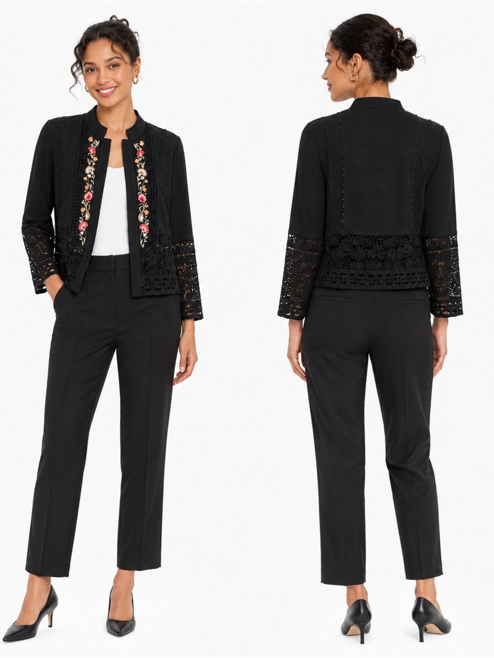 💖 Chico’s NWT Black Cotton Crochet Trimmed Jacket - Fully Lined, Size 4P